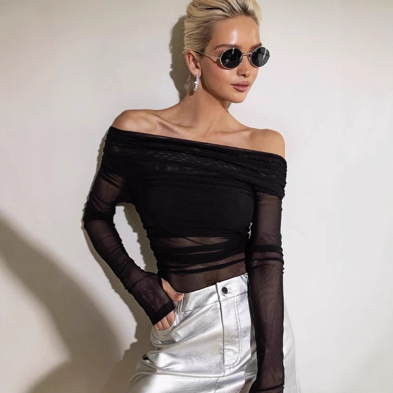 Blouse Off Shoulder - Women Mesh Off Shoulder Top Sheer