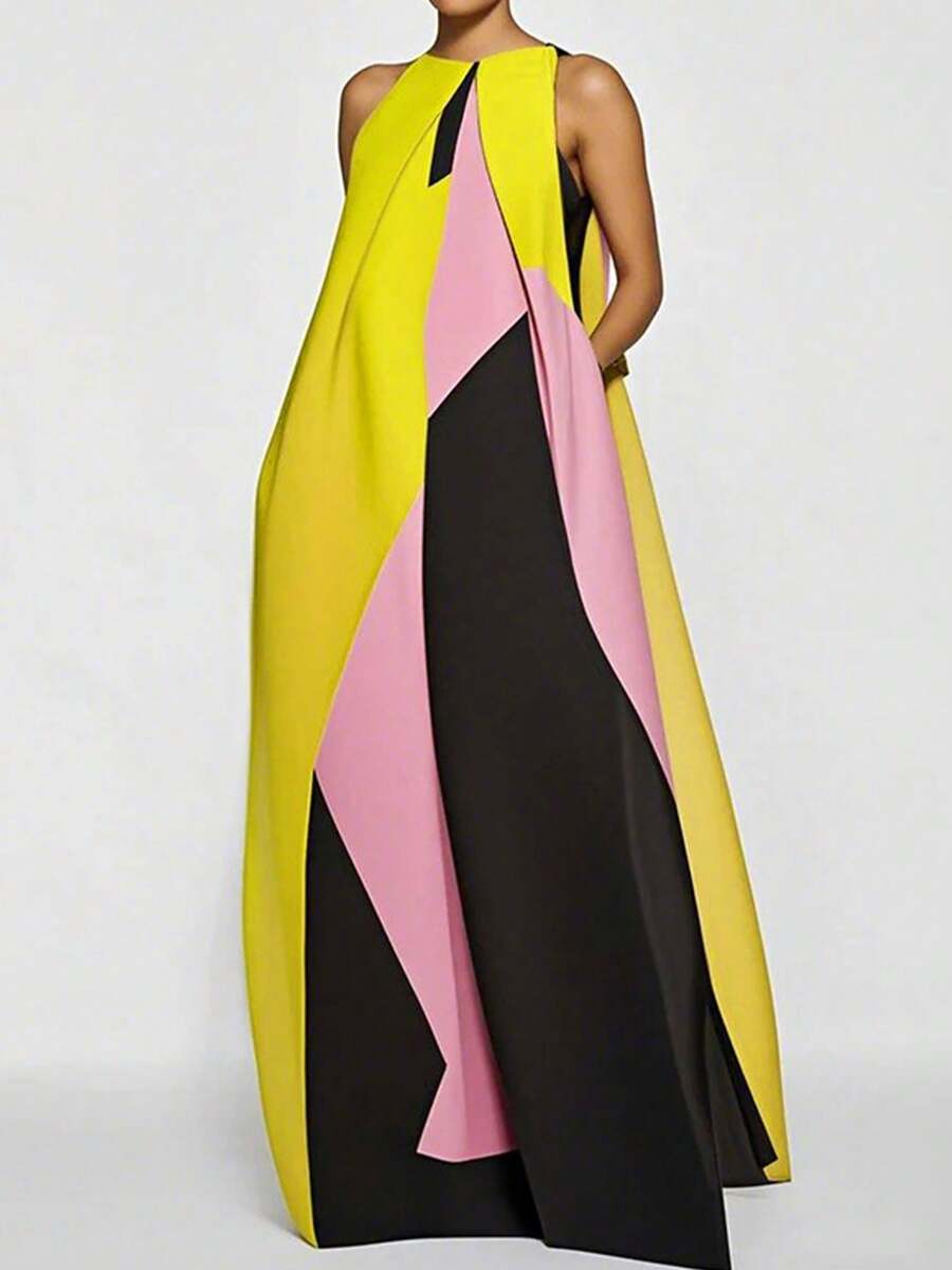 Maxi Dress Halter - Women Color Block Maxi Dress Halter