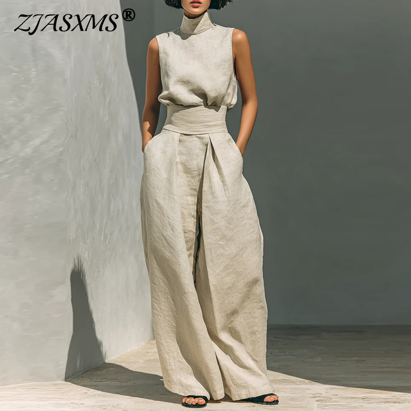 Linen Pant Wide - Vintage Solid Cotton Linen Suit for