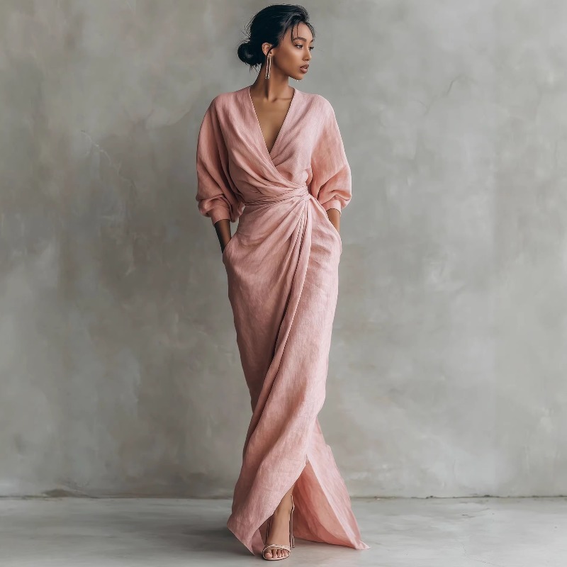 Women's Pink Linen Wrap Maxi D – обзор и цена Linen Dress Wrap