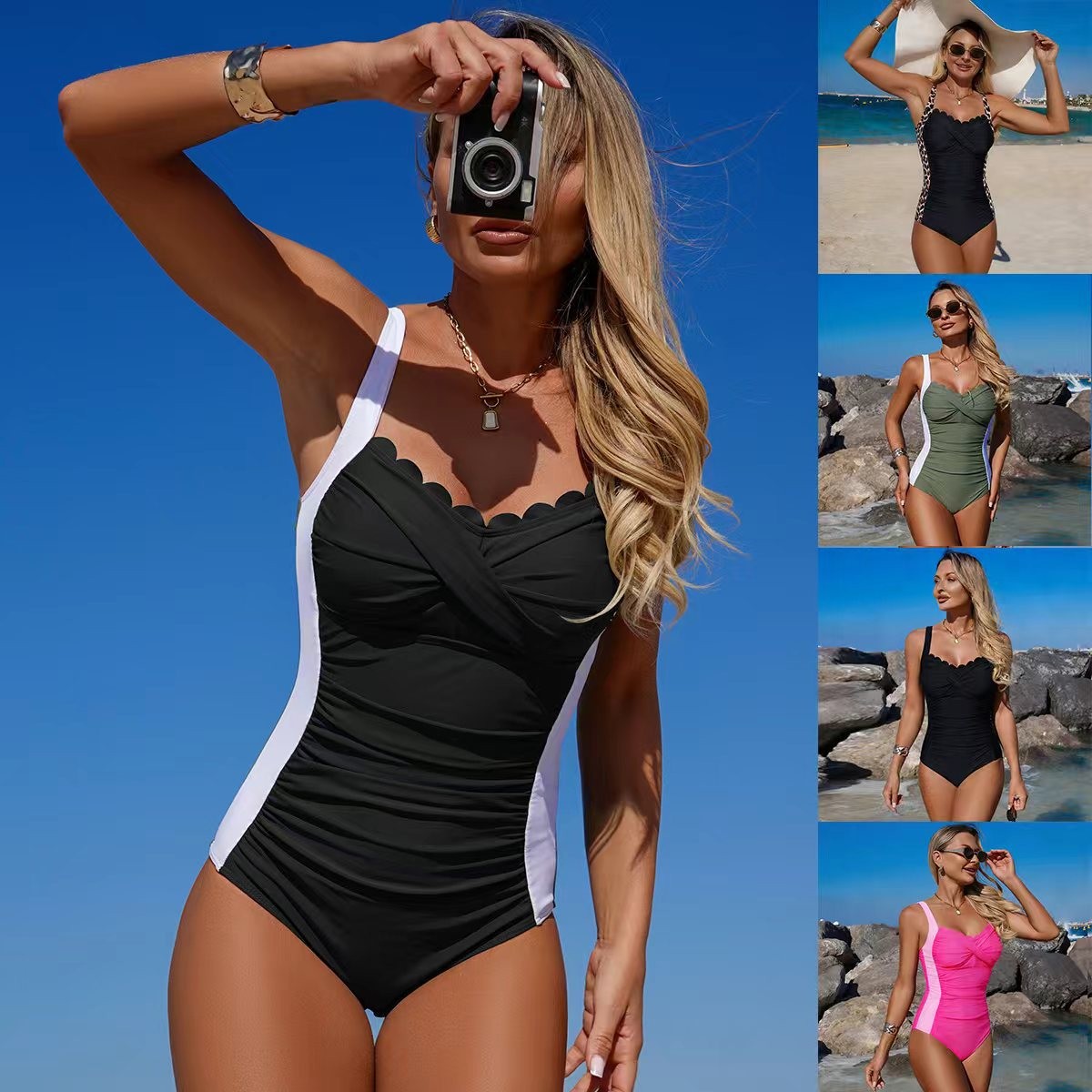 Black Swimsuit Scalloped Neckl – обзор и цена Swimsuit Bikini Ruched