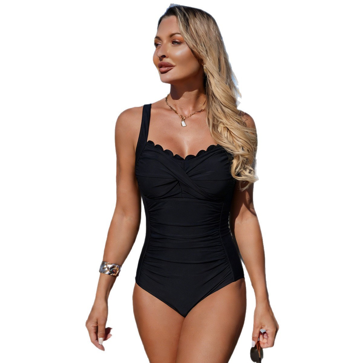 Black Swimsuit Scalloped Neckl – обзор и цена Swimsuit Bikini Ruched