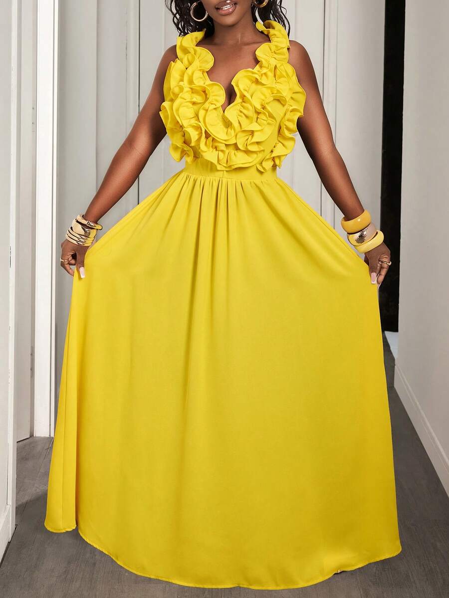 Yellow Deep V-Neck Ruffle Halt – обзор и цена Maxi Dress Halter