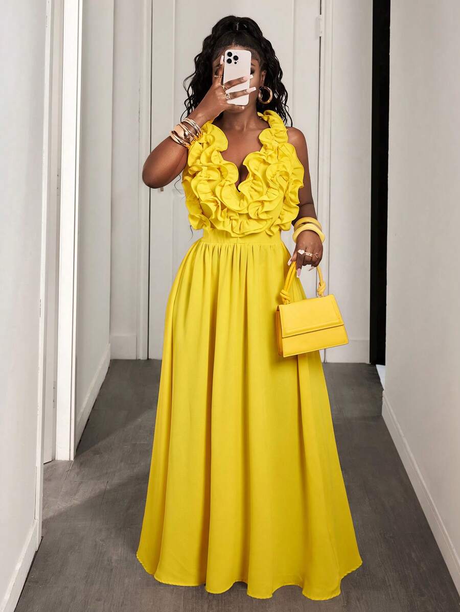 Yellow Deep V-Neck Ruffle Halt – обзор и цена Maxi Dress Halter