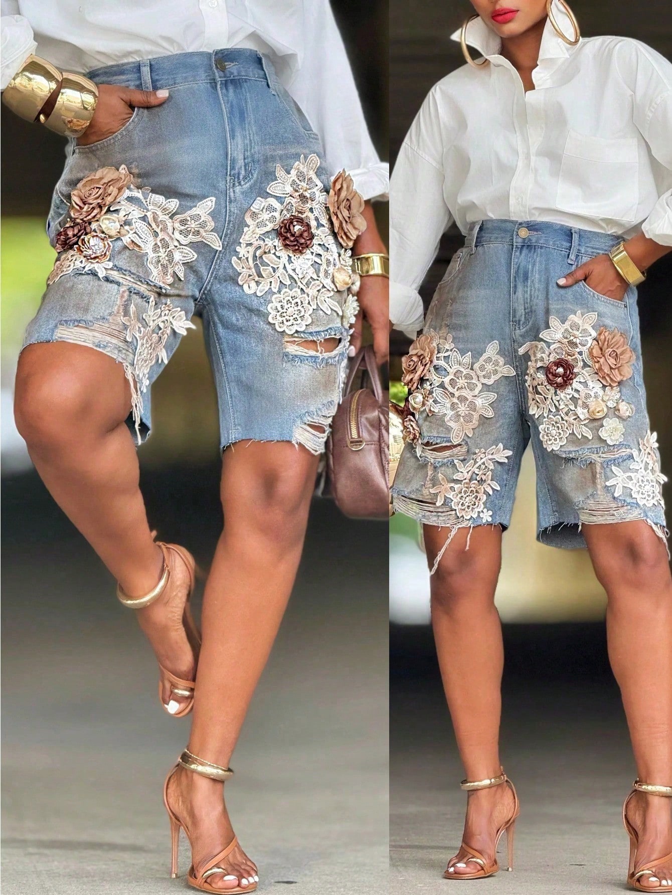 GLOURI Women 3D Floral Appliqu – обзор и цена Shorts Denim Frayed