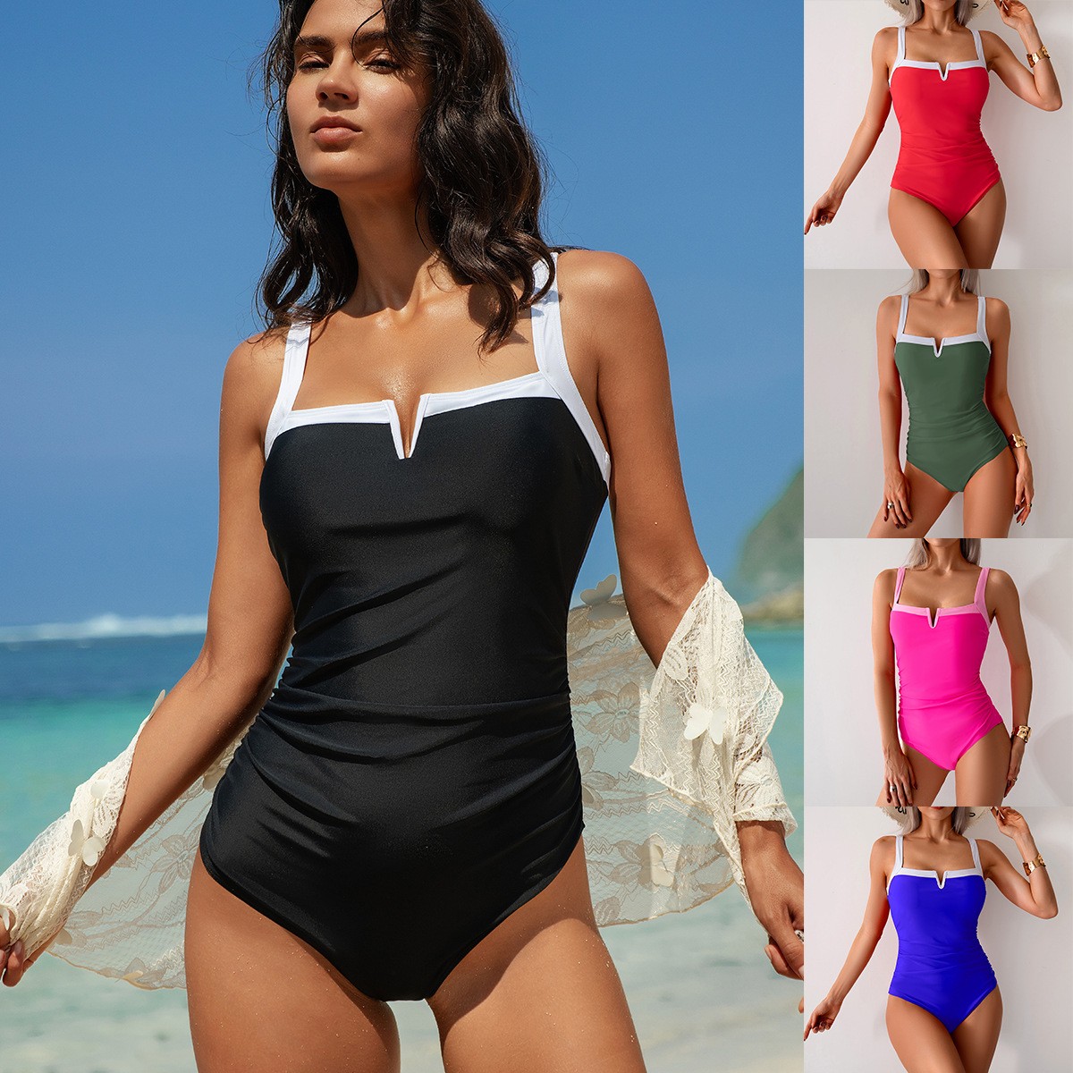 Black Swimsuit V Neck Red Biki – обзор и цена Swimsuit Bikini Ruched