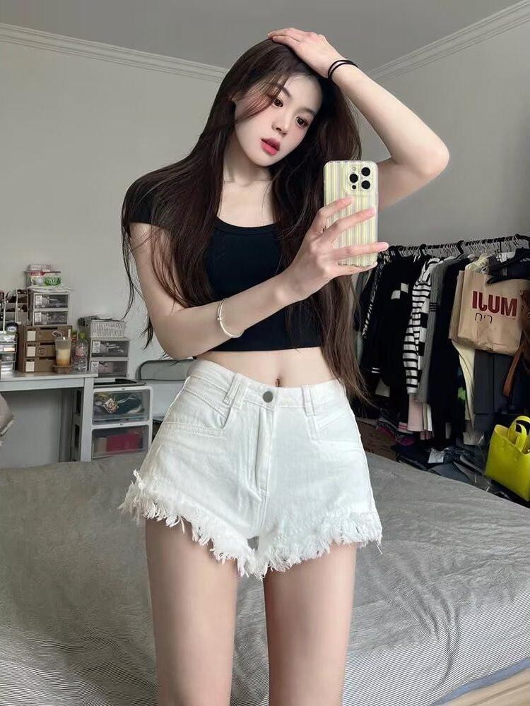 High Waist White Denim Shorts  – обзор и цена Shorts Denim Frayed