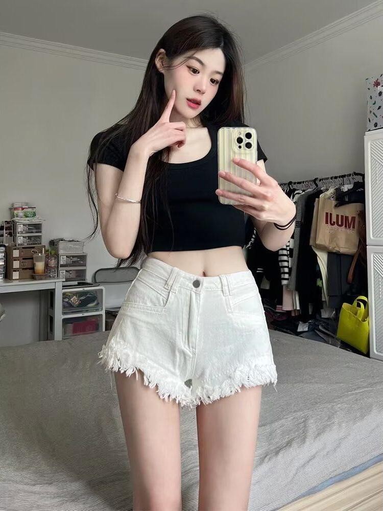 High Waist White Denim Shorts  – обзор и цена Shorts Denim Frayed