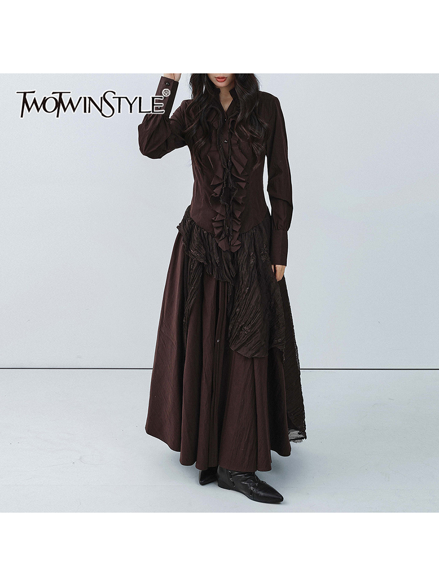 TWOTWINSTYLE Brown Spliced Fol – обзор и цена Linen Dress Wrap