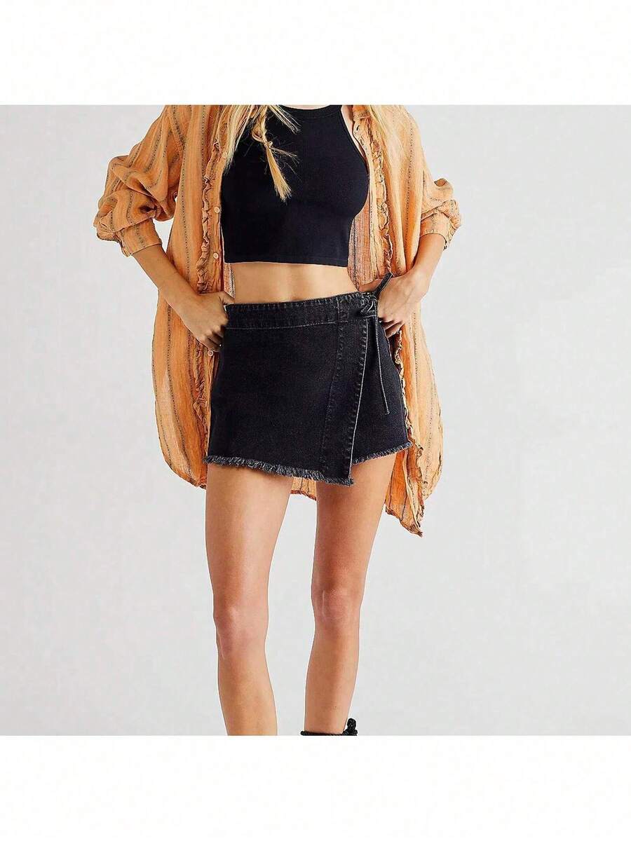 Women Denim Wrap Skort High Wa – обзор и цена Shorts Denim Frayed