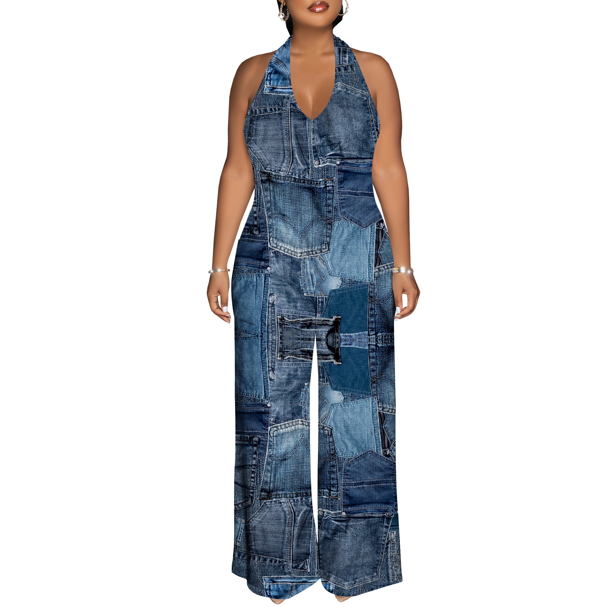 Denim Patchwork Halter V-Neck  – обзор и цена Maxi Dress Halter